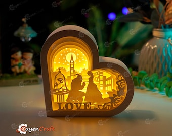 Beauty and Beast Heart Lanterns Shadow Box SVG for Cricut Projects, Valentines Crafts, Paper Cut Template, DIY Lamp Decoration, 3d heart svg