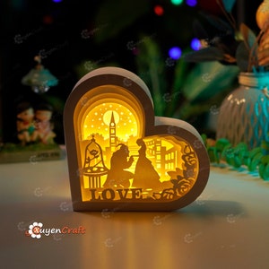 La belle et la bête coeur lanternes Shadow Box SVG pour projets Cricut, travaux manuels de la Saint-Valentin, modèle en papier découpé, décoration de lampe DIY, svg coeur 3D
