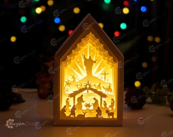 Nativity Scene V2 In Christmas House Paper Lantern SVG Template - Merry Christmas Shadow Box, Light Box Paper Cut and Paper box frames svg