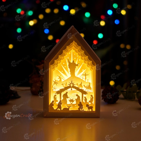 Nativity Scene V2 In Christmas House Paper Lantern SVG Template - Merry Christmas Shadow Box, Light Box Paper Cut and Paper box frames svg