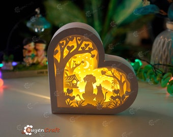 Dog and Cat Heart Lantern Shadow Box SVG, Valentines Crafts (PDF, SVG)