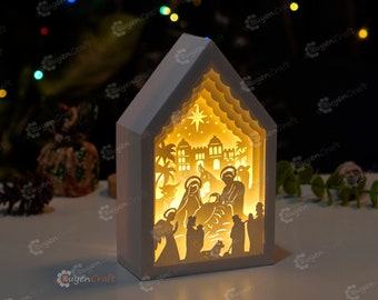 Nativity Scene In Christmas House Lanterns SVG Template Paper Cut Lamp Shadow Box, Lightbox Svg for Cricut Projects - DIY Xmas Decorations