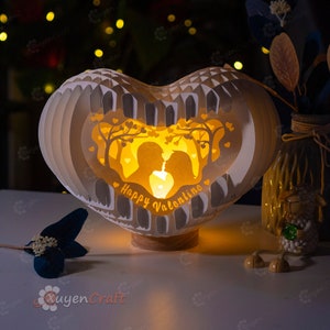 Saint Valentin coeur pop-up 3D, modèle PDF SVG pour boîte à lumière papier découpage 3D éclairage coeur, lampe papier Shadow Box Papercut Sliceform