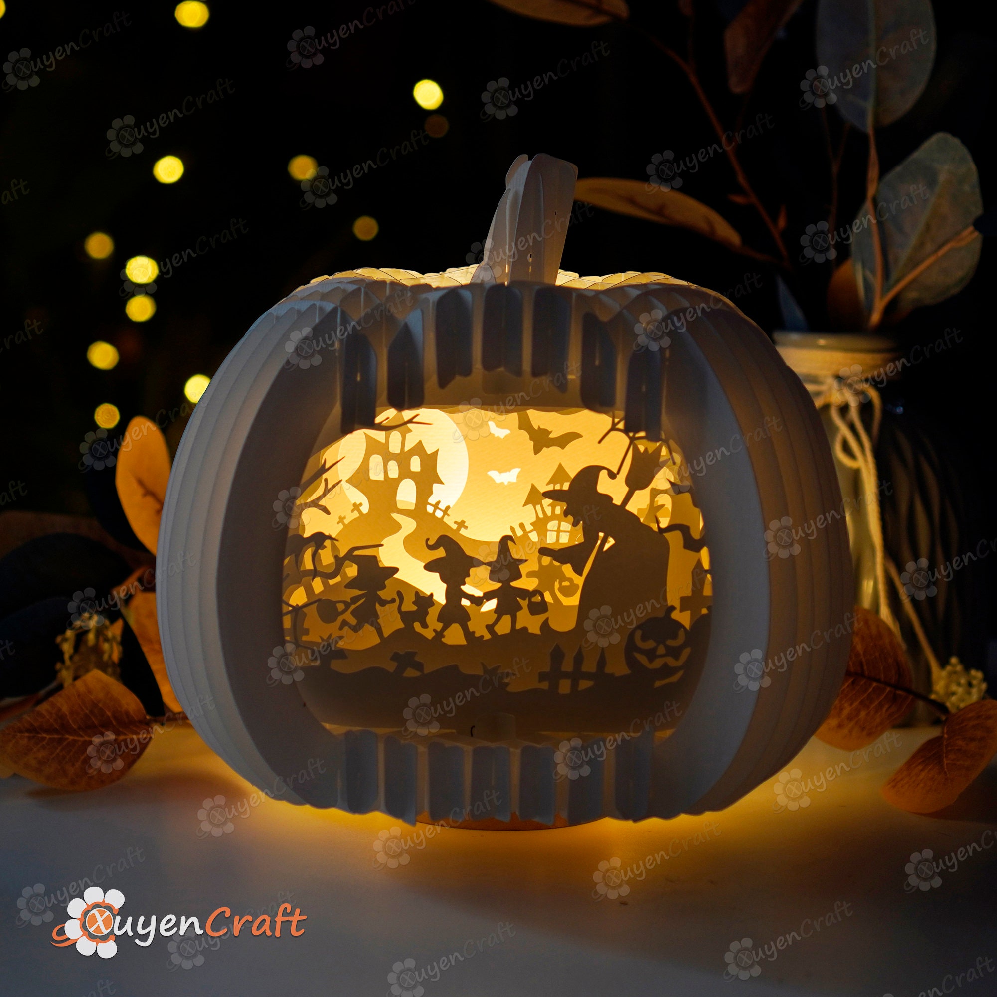 ハロウィン作品 ハロウィン魔女カボチャポップアップSVG、スタジオ、PDFテンプレート