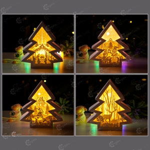 Confezione 4 Lanterne di Natale Modello SVG creazione Albero di Natale Shadow Box, Paper Cut Lamp SVG per Cricut Projects, Christmas Lightbox