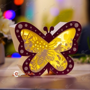 Boîte à lumière papillon scène abeille, Shadow Box PDF, SVG, modèle Studio - lanterne papillon bricolage 3D fichier découpé en papier - fichier à téléchargement immédiat