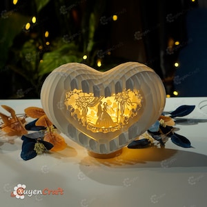 Cartão pop-up de coração de casamento feliz caixa de luz 3D modelo SVG, corte de papel, caixa de sombra de iluminação de coração 3D - pop-up de globo, presente de dia de casamento DIY imagem 3