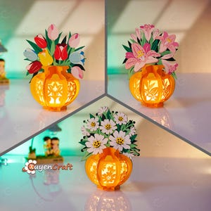 Confezione da 3 lanterne a forma di vaso di fiori PDF, SVG, modelli di studio - fai da te con fiori di margherita, fiori di giglio, lanterne a forma di vaso di fiori di tulipano, ornamenti di lanterne di carta