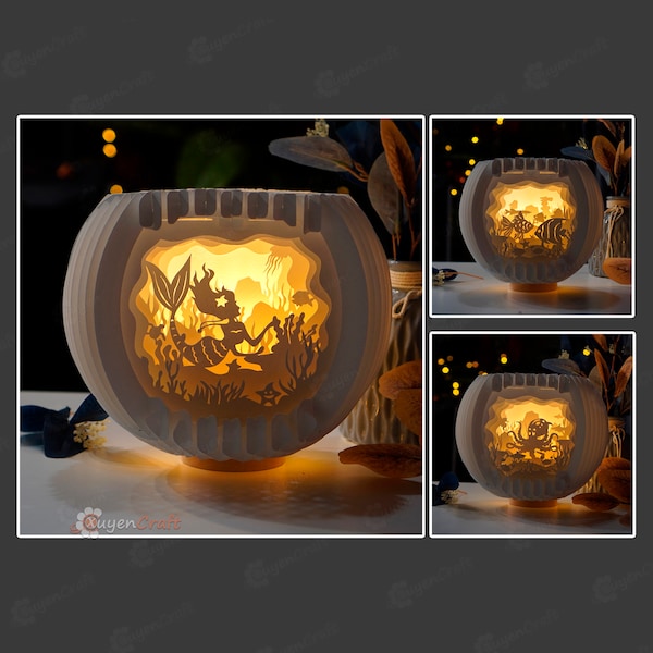 Pack 3 Aquarium Sphere Pop Up, Mermaid, Fish, Octopus Shadow Box, 3D Paper Cut Light Box, SVG Digital Download Cutting machine