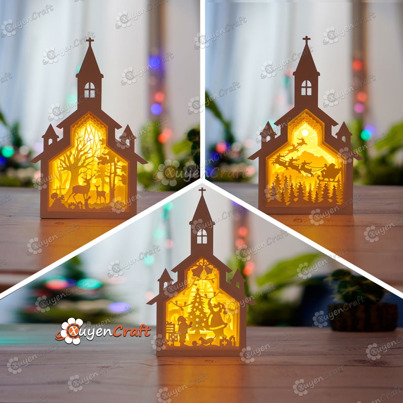 May include: Three wooden Christmas light-up church decorations with different scenes inside. The first church has a forest scene with deer, the second has a Santa Claus flying in a sleigh with reindeer, and the third has a Christmas tree with presents and a snowman.