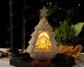 Nativity Scene In Tree Pop Up SVG Template Paper Cutting creating Christmas Tree Lighting Pop up for Merry Christmas Shadow Box, Lightbox