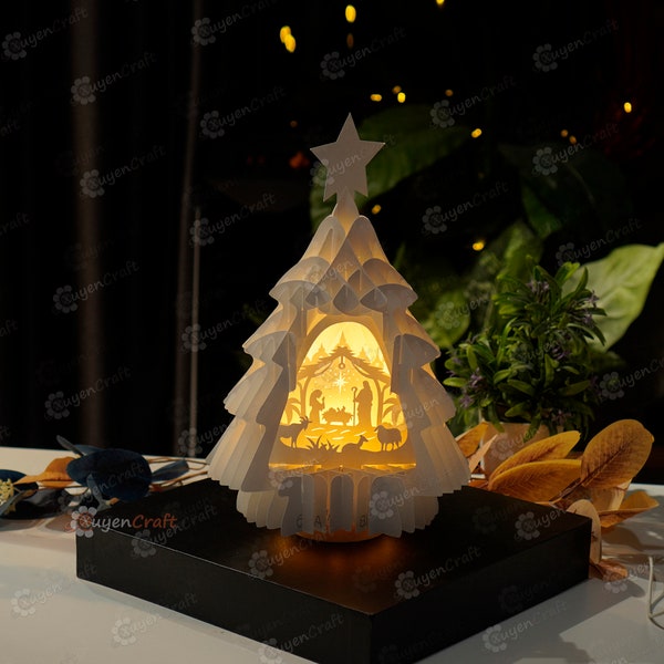 Scène de la Nativité dans l'arbre Pop Up SVG modèle papier coupe création arbre de Noël éclairage Pop up pour Merry Christmas Shadow Box, Lightbox
