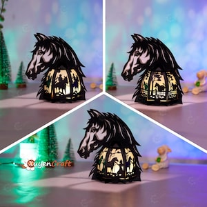 Set 3 Horse Head Lantern SVG, Studio, PDF Templates - DIY Horse Lantern for Home Decoration, Paper Cutting Lamp Svg - Horse Shadow Box Svg