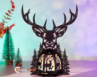 Deer Head Lantern SVG, Studio, PDF Templates  - DIY Christmas Reindeer Lantern for Home Decoration, Paper Cutting Lamp Svg