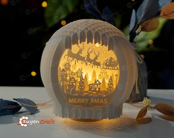 Merry Xmas - Santa Claus Reindeer Flying Snow Globe Pop Up 3D SVG Template Papercut Shadowbox - DIY Pop up card 3d - Sphere Popup Lamp