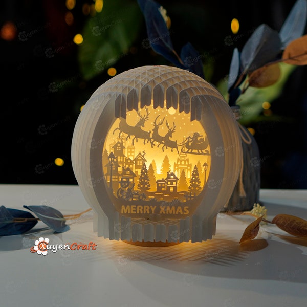 Merry Xmas - Santa Claus Reindeer Flying Snow Globe Pop Up 3D SVG Template Papercut Shadowbox - DIY Pop up card 3d - Sphere Popup Lamp