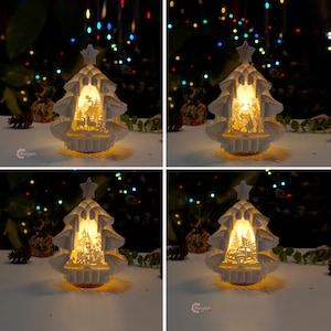 Pack 4 Árbol de Navidad Pop Up SVG Plantilla creando Belén, Camión de Navidad, Gnomo, Ciervo en árbol 3d - Linterna de papel SVG (Árbol V3)