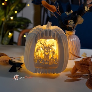 Tree Ghost In Tall Pumpkin Pop Up SVG, Studio, PDF Template, Halloween Lightbox 3D Papercut Light Box Sphere Popup Papercraft 3D SVG