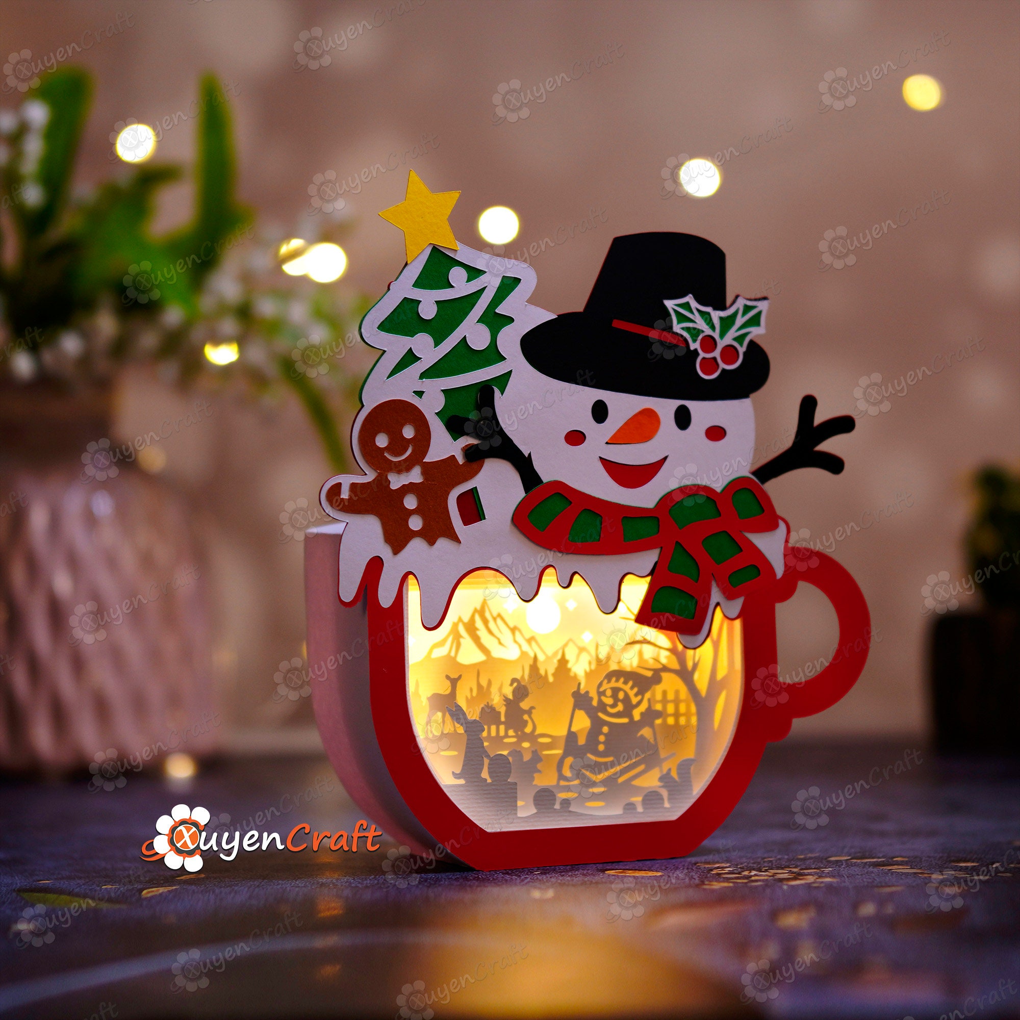 Snowman Hot Cocoa Shadow Box SVG, Christmas Lantern Template