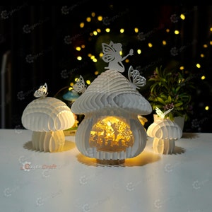 Huevos de Pascua de hadas y conejos en setas 3D Pop Up Cards SVG para Cricut Projects, Paper Lantern Shadow Box, Lightbox cut files 3D Papercraft