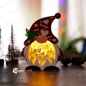 Santa Claus in Christmas Gnome Shadow Box PDF, SVG for Cricut Projects - DIY Gnome Christmas Lantern Christmas, Gnome Light Box Paper Cut