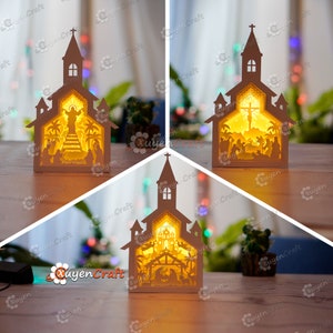Pakiet 3 Scena Narodzenia Kościół Cień Box PDF, SVG Light Box do Stworzenia Sceny Narodzenia, Jezus na Krzyżu, Jezus Zmartwychwstały Kościół Latarnia Papier Wycinanka