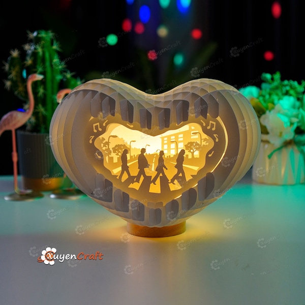 The Beatles Road In Heart Pop up Card 3D Light Box SVG Template for Cricut Projects, Heart Shadow Box, Celebrity silhouette, Famous people