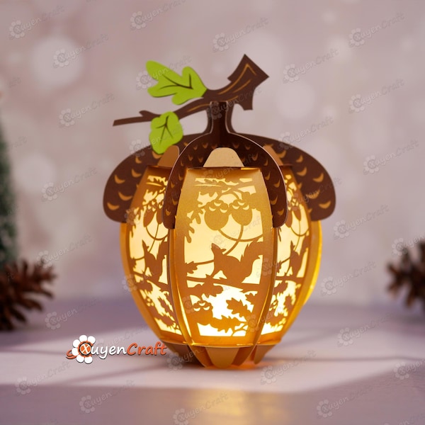 Acorn Lantern SVG, Studio, PDF Templates - Acorn Paper Lantern for DIY Autumn Decoration - Acorn Fall Lantern Light Box Paper Cut