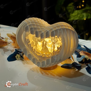 Cartão pop-up de coração de casamento feliz caixa de luz 3D modelo SVG, corte de papel, caixa de sombra de iluminação de coração 3D - pop-up de globo, presente de dia de casamento DIY imagem 4