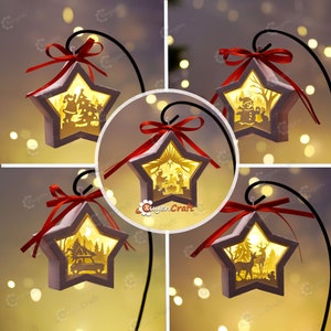 Lot de 5 petites étoiles de Noël ornements SVG pour Cricut Joy, ScanNcut, camée - modèle SVG boîte d'ombre lanterne étoilée suspendue joyeux Noël