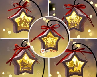 Pack 5 Christmas Small Star Ornaments SVG for Cricut Joy, ScanNcut, Cameo - Merry Christmas Hanging Star Lantern Shadow Box SVG Template