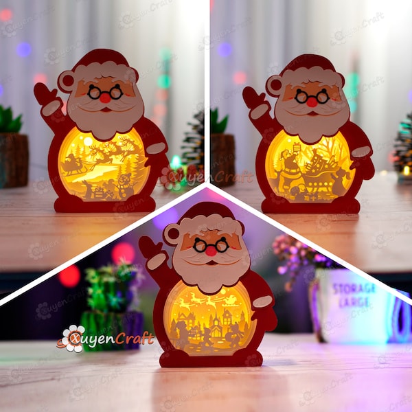 Pack 3 Cute Santa Claus Lantern Shadow Box SVG Template - Christmas Light Box - DIY Christmas Lantern - Paper Cut Template Pack 3 Cute Santa Claus Lantern Shadow Box SVG Template - Christmas Light Box - DIY Christmas Lantern - Paper Cut Template