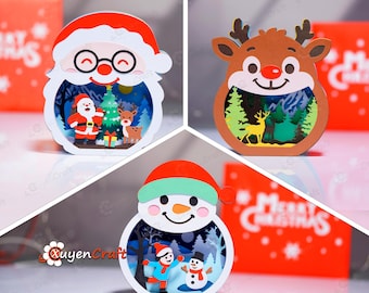Paquete de 3 plantillas de tarjetas navideñas 3D desplegables: Papá Noel, muñeco de nieve, reno / Adorno navideño de papel recortado para hacer tú mismo / Archivos PDF y SVG Studio