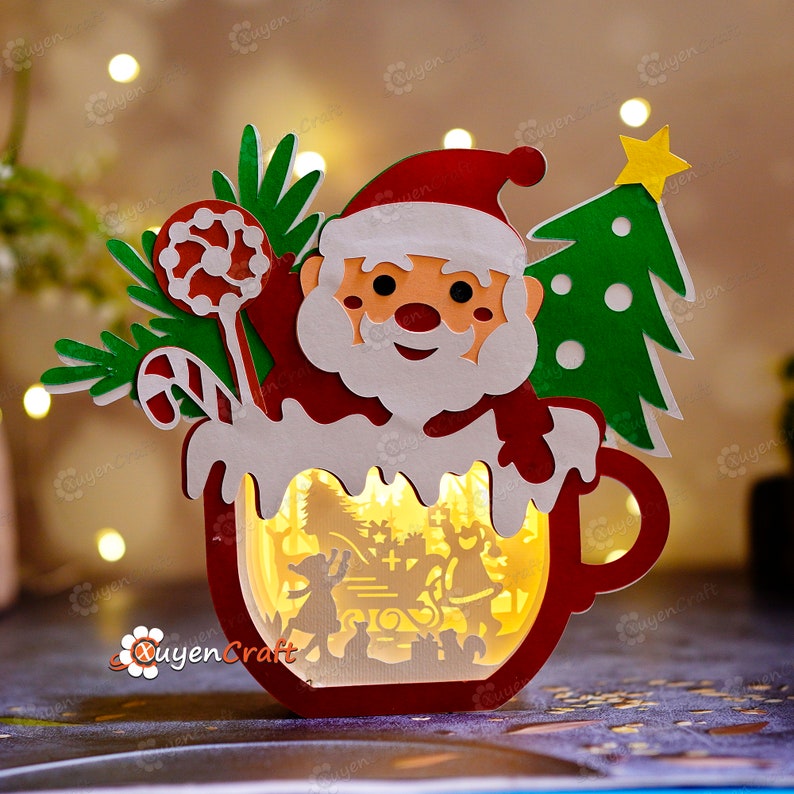 Santa Hot Cocoa Shadow Box SVG, Christmas Paper Cut Light Box (Digital Download) image 8