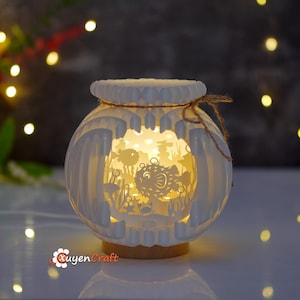Pufferfish Jar Pop-Up Lantern SVG Template, 3D Underwater Sliceform Papercraft Night Light for Cricut