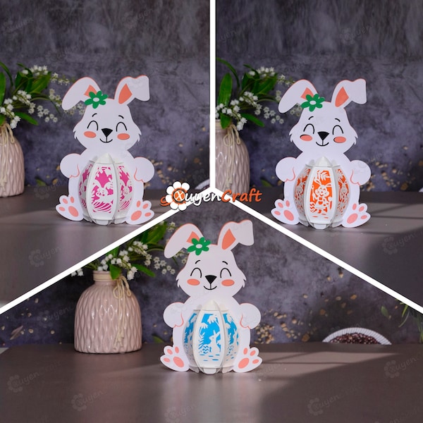 Lot de 3 lanternes lapin PDF, SVG, modèle Studio - Lanterne oeuf de Pâques lapin pour décorations de Pâques - Lanterne de Pâques bricolage modèle Svg en papier découpé