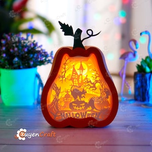 Cat in Tall Pumpkin Lantern Shadow Box SVG for Cricut Projects, Halloween Crafts, Paper Cut Template - Pumpkin Lightbox, DIY Paper Lanterns