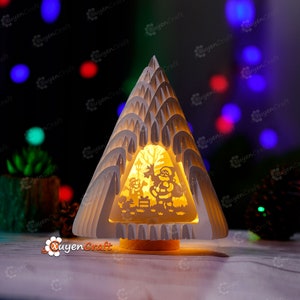 Christmas Tree V2 with Santa, Snowman Scene 3D Popup SVG Template, Christmas Tree Lantern 3D Shadow Box for Merry Christmas Paper Cutting