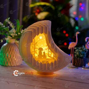 Cão e gato na lua pop up PDF, Studio3, modelo SVG, caixa de luz 3D com corte de papel em formato de fatia de esfera de papel pop-up, luz noturna de Páscoa