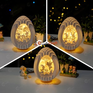 Paquete 3 Huevos de Conejito de Pascua Pop Up PDF, SVG, Plantilla de Estudio - Conejito de Pascua 22cm-8.6inch - Caja de luz de corte de papel 3D Sliceform Paper Sphere Popup