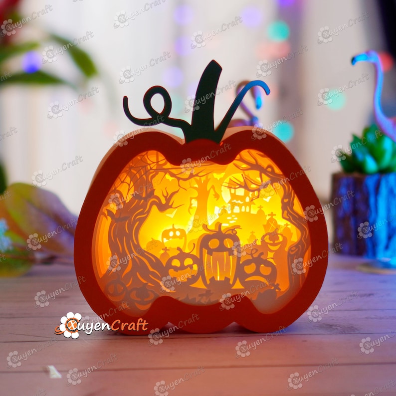Scary Pumpkin Lantern Shadow Box, Halloween Paper Lamp Decor (PDF, SVG ...