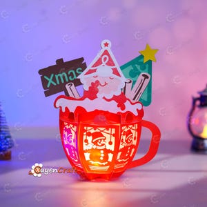 Lanterna de chocolate quente de Natal do Papai Noel PDF, SVG, modelos de estúdio para você Lanterna de Papai Noel DIY, lâmpada de corte de papel Arquivo Svg cricut Xmas