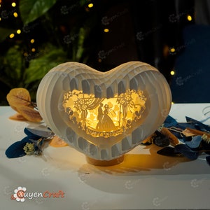 Cartão pop-up de coração de casamento feliz caixa de luz 3D modelo SVG, corte de papel, caixa de sombra de iluminação de coração 3D - pop-up de globo, presente de dia de casamento DIY imagem 8