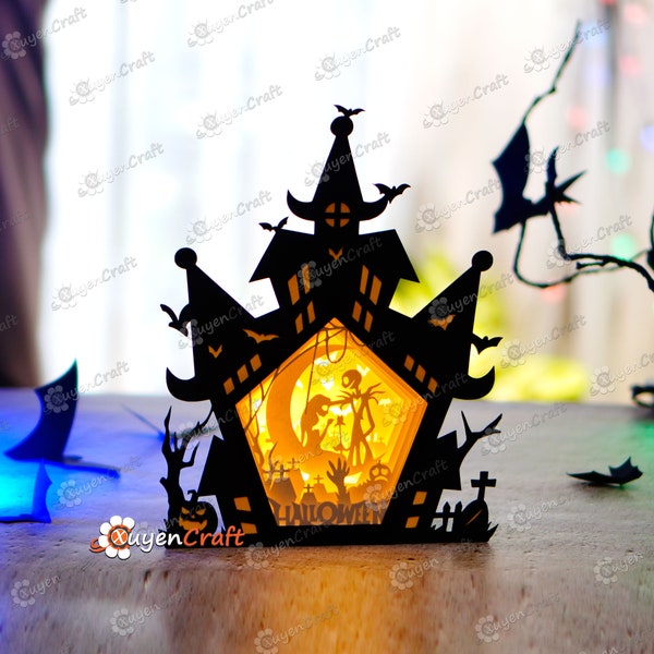 Nightmare before christmas in Haunted House Shadow Box Halloween PDF, SVG Light Box for Cricut Projects - DIY Paper Lantern Halloween Decor