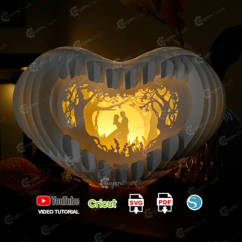 Heart 3D Pop-up Card Light Box PDF, SVG Template Paper Cutting, 3D Heart Lighting Globe Popup, Lamp Paper Shadow Papercut, Sliceform Art image 3