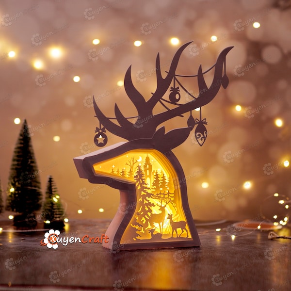 Deer Family in Deer Head Christmas Shadow Box PDF, SVG Light Box for Cricut Projects - DIY Christmas Lantern, Reindeer Lighbox