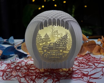 Christmas Truck In Snow Globe Pop Up SVG for Cricut Projects, Silhouette Studio V3 creating paper night light for christmas kirigami DIY