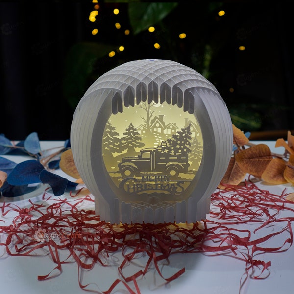 Christmas Truck In Snow Globe Pop Up SVG for Cricut Projects, Silhouette Studio V3 creating paper night light for christmas kirigami DIY