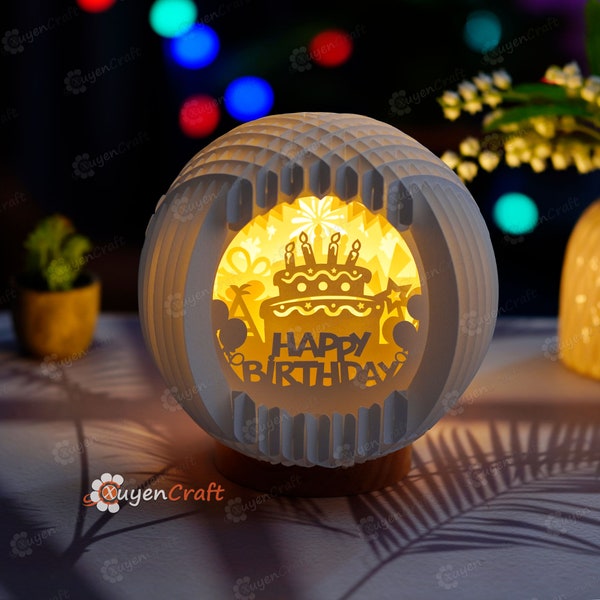 Happy Birthday Kugel Popup SVG für Cricut Projekte, Cameo4, ScanNcut, Papierlaterne, Papierschnitt SVG Vorlage - 3D Pop Up Karte Silhouette