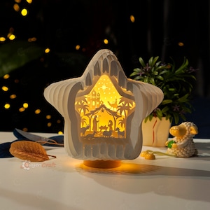 Belén Estrella Pop Up SVG, Plantillas de silueta que crean Linternas de estrellas para decoración navideña, Lámpara de papel Diy, Tarjeta emergente 3d svg